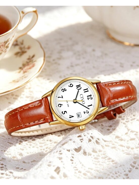 Women\'s Brown Vintage Leather Classic Easy Read Dial Small Analog Wrist Watch